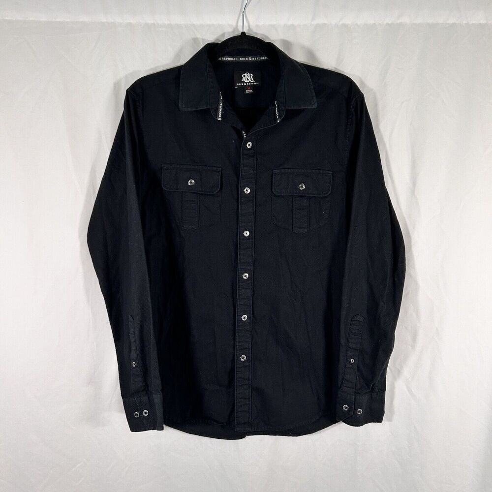Rock & Republic Shirt Women's Medium Black Button Up Long Sleeve 100% Cotton